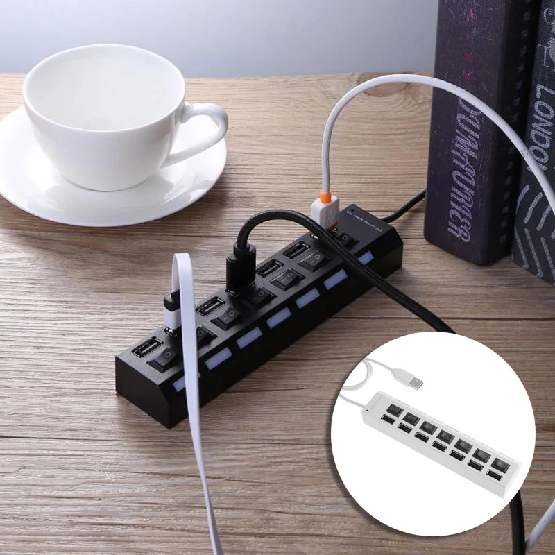 7 Ports Hub USB 3.0 Adapter Splitter Socket High Speed with Switch fr Computer