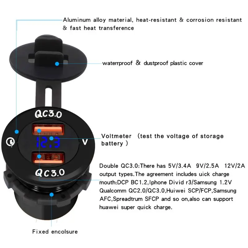 12 В/24 В алюминиевый водонепроницаемый двойной USB QC3.0 быстрое зарядное устройство адаптер питания с светодиодный вольтметр для автомобиля лодки моторное