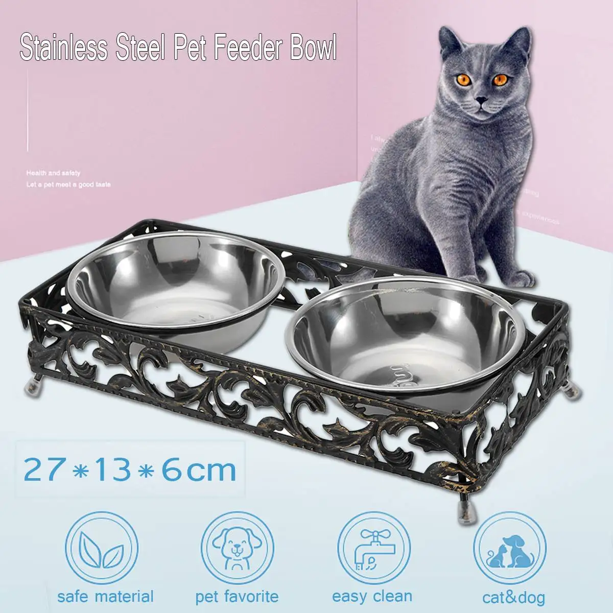 

Double Stainless Steel Dog Cat Bowls with Non-skid Stand for Pet Food and Water Feeder Bowl For Cats Small Dogs Supplies
