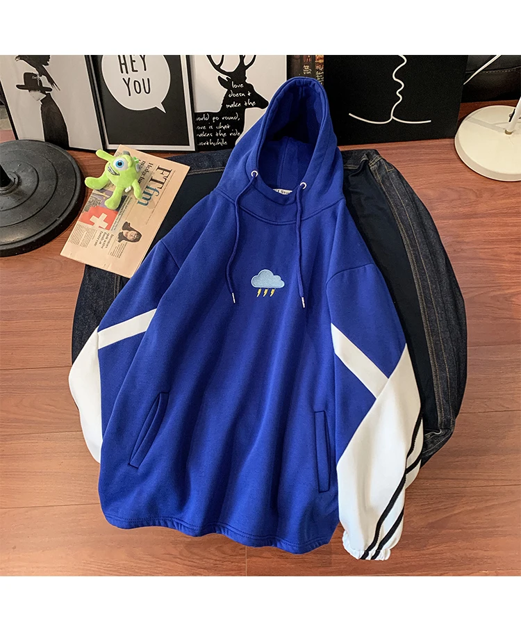 Plus Velvet Cotton Hoodies Men's Fashion Contrast Color Casual Hooded Sweatshirt Men Streetwear Loose Hip Hop Hoodie Mens - Color: blue