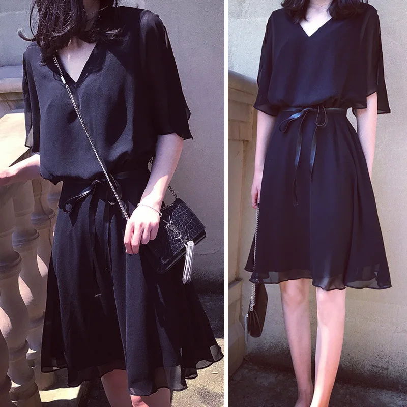 

Large Size Dress Fat Mm2019 Summer Wear Chiffon Short Sleeve Mid-length Slimming V-neck Hidden Meat Dress