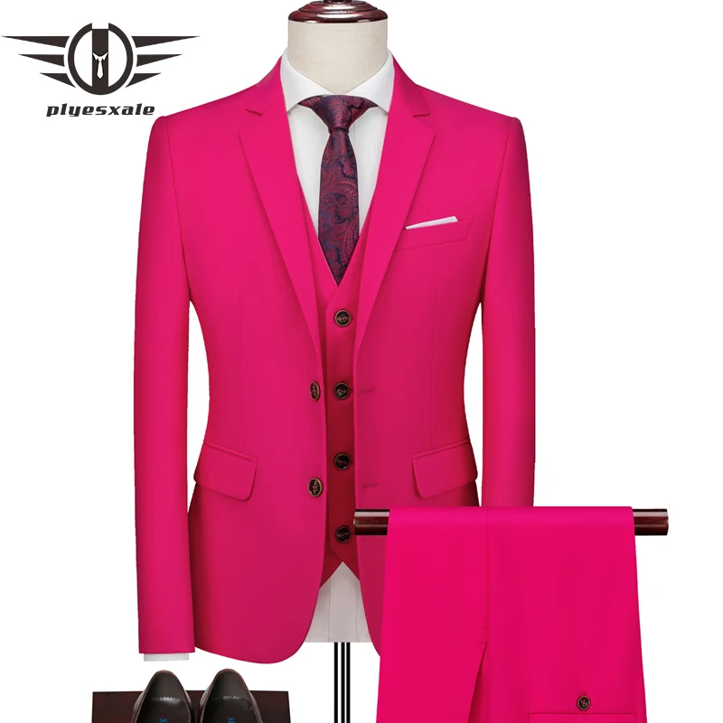 Plyesxale Rose Red Men Suits For Wedding 3 Pieces High Quality 5XL 6XL