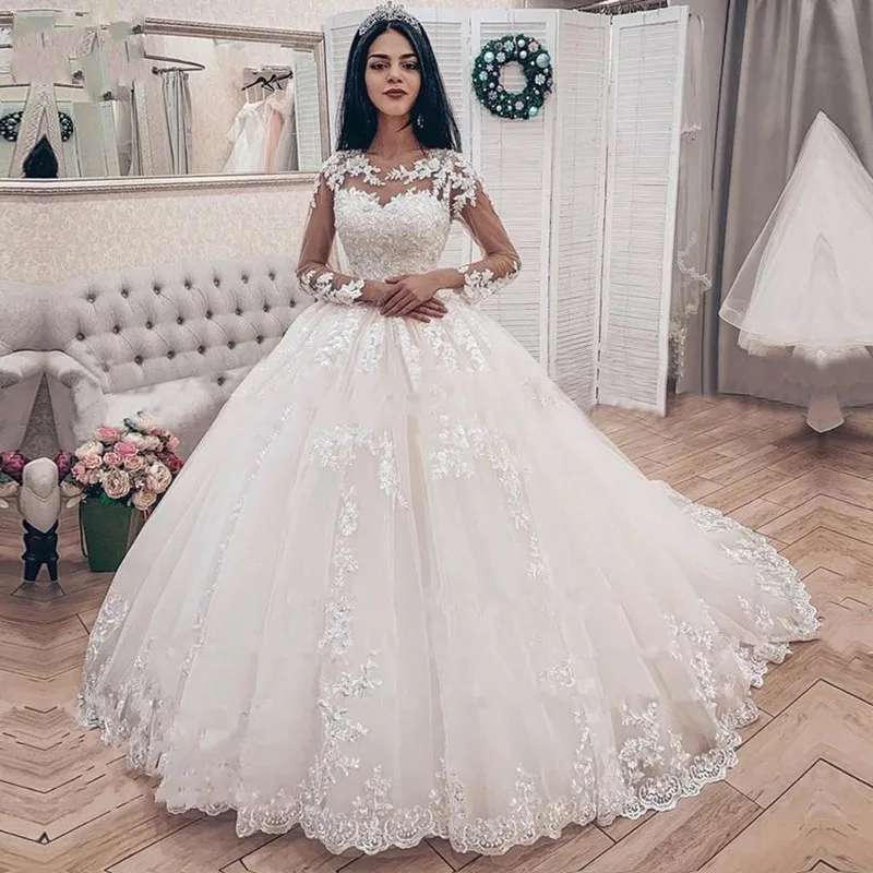 Long Sleeves Ball Gown Wedding Dresses 2020 Jewel Cover Button Back Lace Appliques Luxury Princess Bridal Gowns Custom