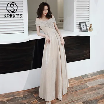 

Skyyue A-Line Long Evening Dress FR372 Off The Shoulder Women Party Gowns Boat Neck Robe De Soiree Solid Sequin Elegant Vestido