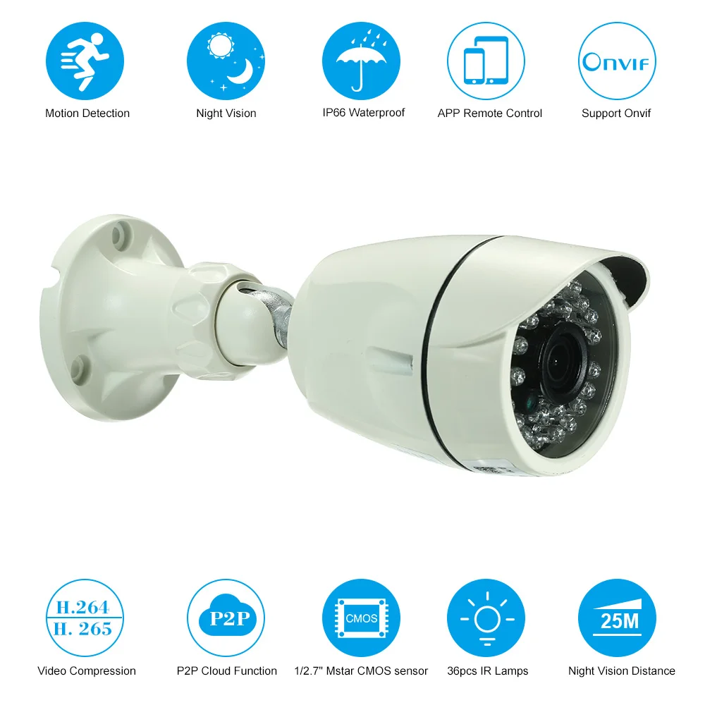 

1080P IP Camera 2.0MP Bullet Cam 1/2.7" CMOS IR Lens 3.6mm H.265/H.264 Night View IR-CUT Network Onvif P2P Android iPhone