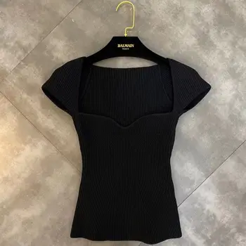 

2020 Spring New Design Solid Square Collar Short Sleeve Sexy Woman Tshirts