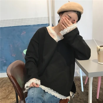 

Women's Sweaters Japanese Kawaii Ulzzang Vintage Loose V-neck Lace Slitted Sweater Female Korean Harajuku Clothing For Women