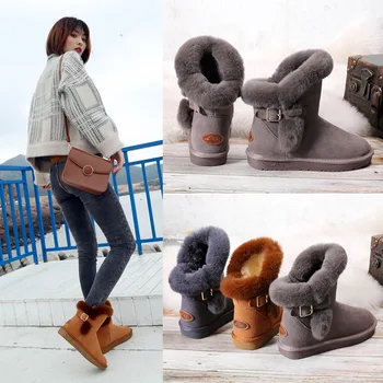 

Medium tube rabbit fur snow boots women 2020 leather thick winter non-slip warm all-match belt buckle cotton boots boots women