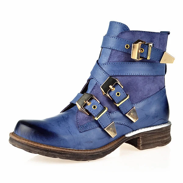 blue HEFLASHOR Fashion Women Boots Purple Short Ankle Boots Genuine Leather Blue Winter Strapped Buckle Short Boot Women Shoes - Цвет: blue