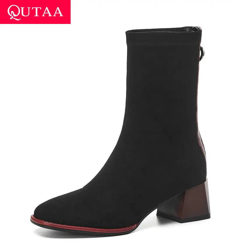 

QUTAA 2020 Round Toe Warm Fur Winter Concise Women Shoes Kid Suede Fashion Square Middle Heel Zipper Mid Calf Boots Size 34-39