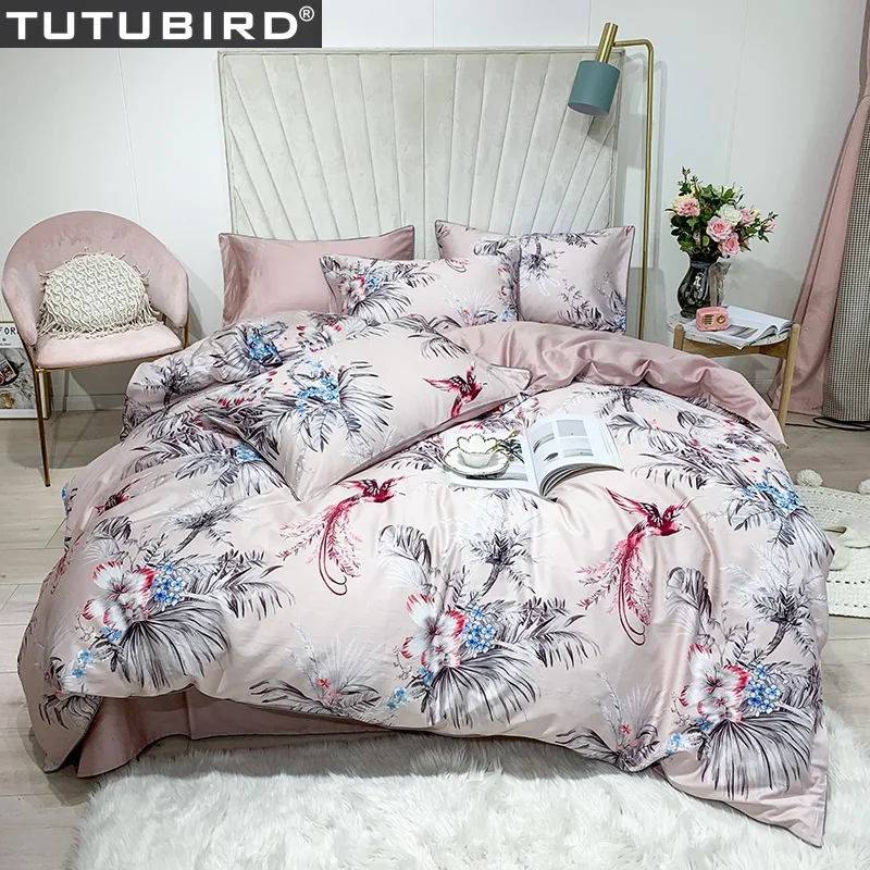 

Pink bird print girls princess print duvet cover Luxury Egyptian cotton bedclothes bed set pastoral bedlinen sheet pillow cover