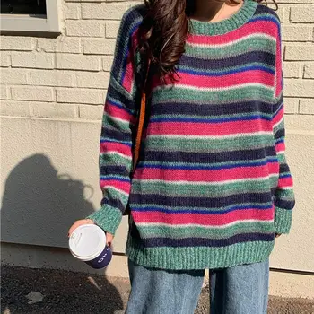 

Women's Soft O-Neck Sweaters Daily Tops Woman Pullover Sweet Student Striped Knitted Pullovers 2019 Autumn Winter Loose Outwear