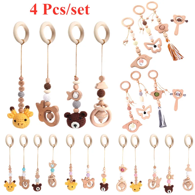 4 Pcs Beech Wood Baby Play Gym Frame Newborn Activity Fitness Rack Hanging Pendants Toys Crochet Rattle Teether Kids Room Decor fitness toys