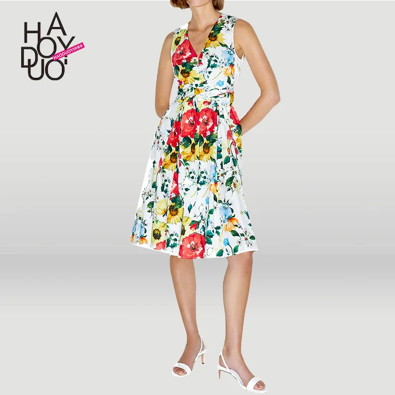 

Haoduoyiv Collar Simple Elegant Fashion Ladies' A- line Skirt Printed Floral Sleeveless Lace-up Mid-length Dress