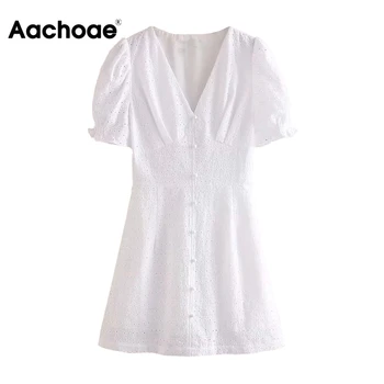 

Aachoae White Embroidered Cotton Mini Dress Women Ruffle Short Sleeve Chic Dresses 2020 Summer V Neck Party Dress Robe Femme