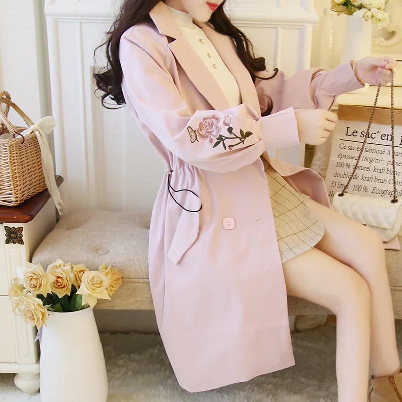 

2018 Autumn And Winter New Style Korean-style Sweet Loose-Fit Waist Hugging Embroidered Double Breasted Mid-length Trench Coat C