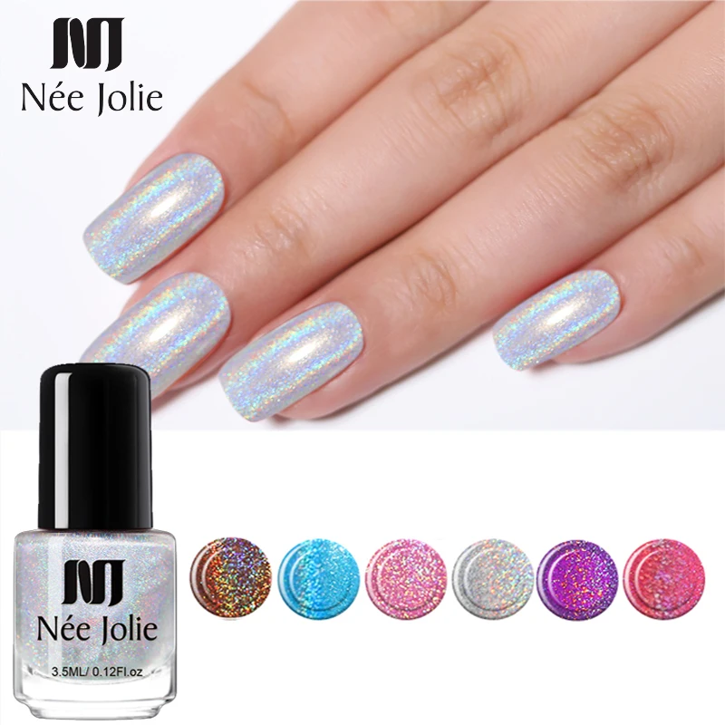 

NEE JOLIE 3.5ml Holographic Laser Nail Polish Glimmer Pink Nail Art Oily Varnish DIY Design Nail Art Lacquer Polish 63 Colors