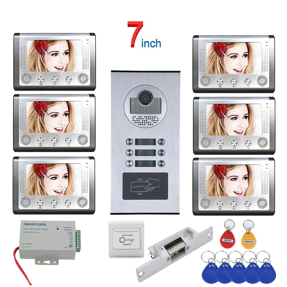 7 inch 6 Apartment/Family Video Door Phone Intercom System RFID 1000TVL Doorbell Camera +NO Electric Strike Door Lock