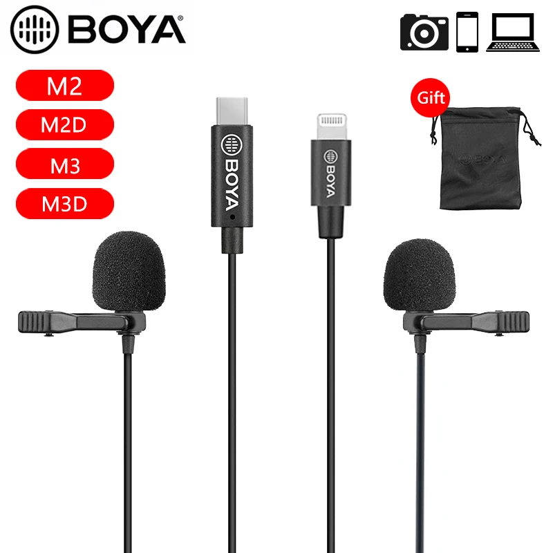 Всенаправленный петличный мини микрофон BOYA BY M2 /M2D /M3 /M3D с двойной головкой для iPhone