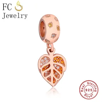 

FC Jewelry Fit Original Brand Charm Bracelet 100% 925 Silver Rose Gold Leaf Yellow Zirconia Bead Pendant Reflexions Berloque