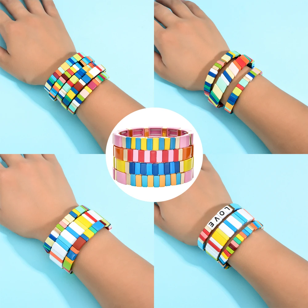 

New Multicolor Elastic Rope Chain Alloy Tile Bracelet For Men Male Bracelets Femme Jewelry Adjustable Stacking Fashion Bangles
