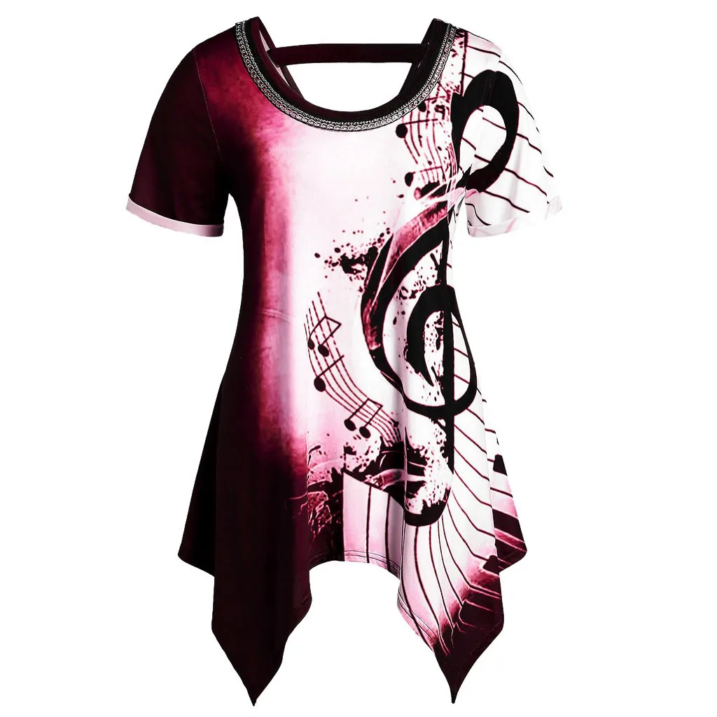 Plus Size Women Blouses Vintage Musical Note Print Summer Shirts Blusas Casual Loose O-neck Short Sleeve Asymmetrical Top Kimon | Женская