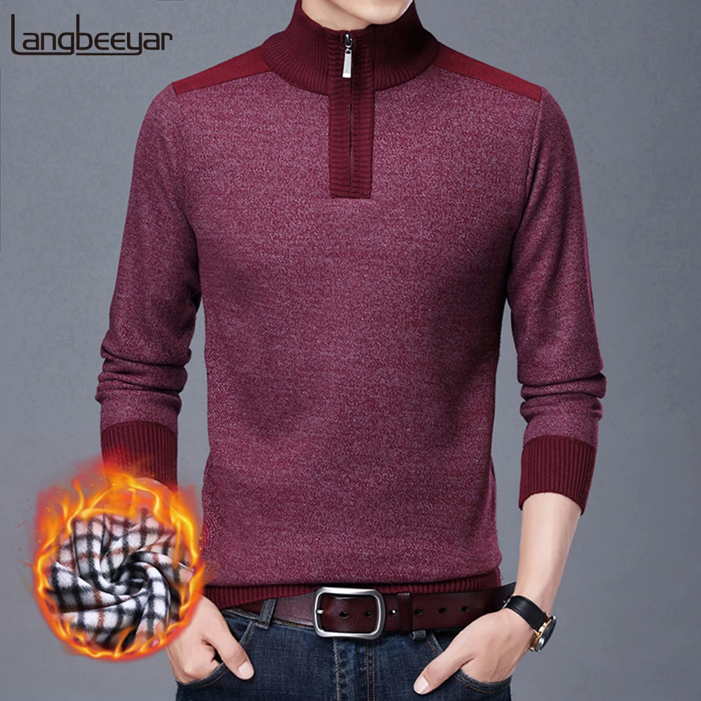 

2020 New Winter Fashion Brand Knit Thick Velvet Woolen Mens Turtleneck Sweaters Autum Half Zip Pullover Casual Mens Clothes