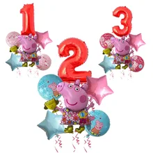 6pcs Cartoon Peppa Pig Foil Balloons 32inch red 0-9 Baby Boy Girl Helium Globos Happy Birthday Party Room Decorations Kids Toys