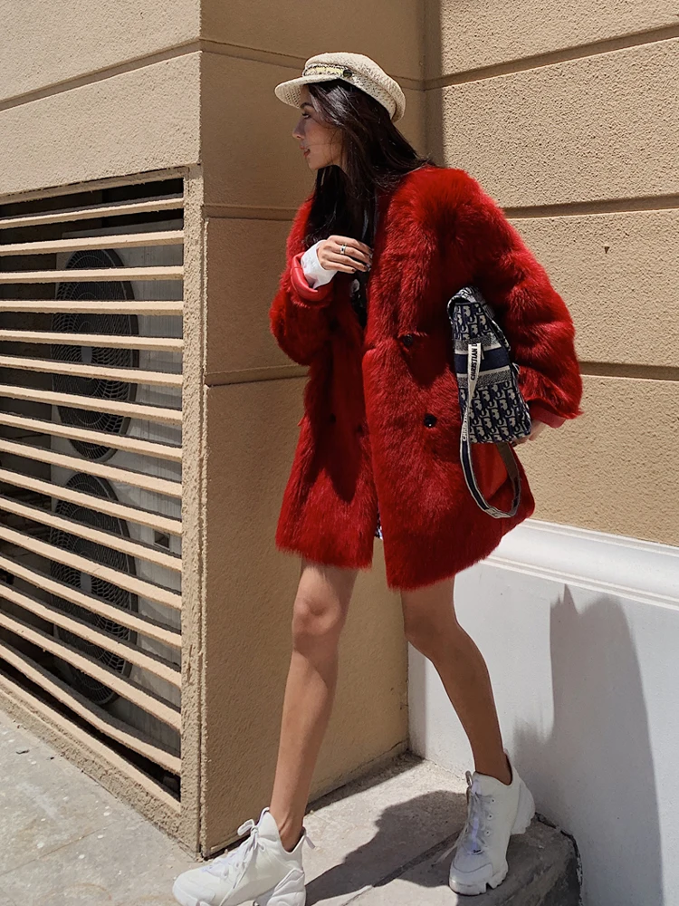 New Style Real Fur Coat Women Winter Natural Wool Sheep Fur Coat Women Warm Real Fur Jacket V-neck Collar Female Overcoat
