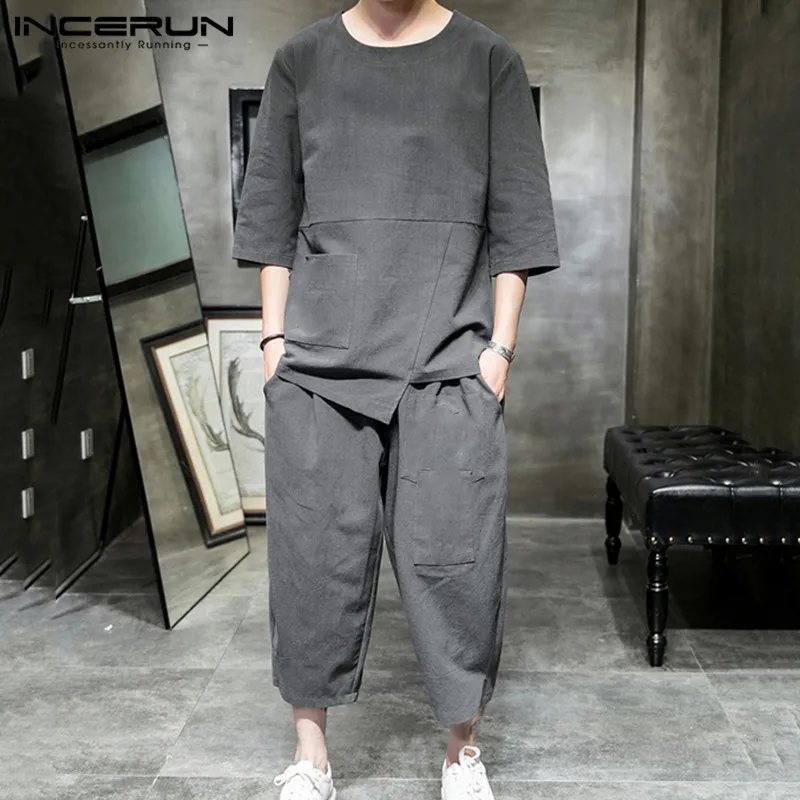 

INCERUN Casual Men Sets 2020 Cotton Solid Color O Neck Half Sleeve Tops Calf Length Pants Streetwear Vintage Men Sets 2 Pieces