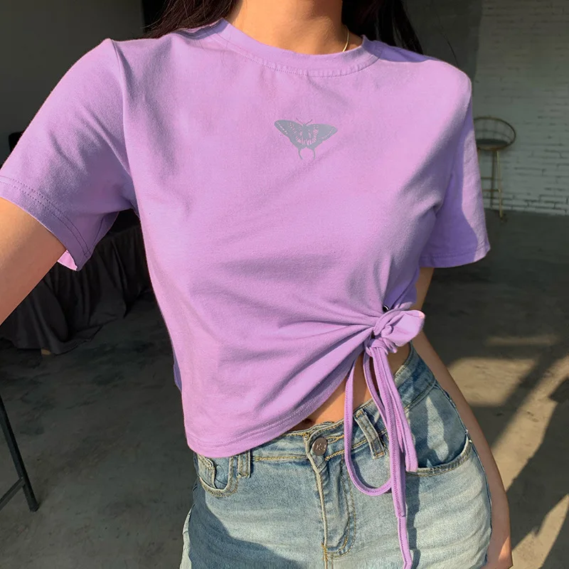 

Butterfly Printed Drawstring Short Sleeve T-shirt Women's 2020 Summer New Sweet Florescent Cotton Tops FYFLY184