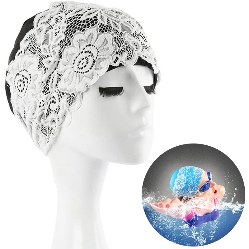 

Fashion Elastic Swimming Cap Women Lace Flower Swimming Hat PU Waterproof Bathing Surfing Cap for Long Short Hair