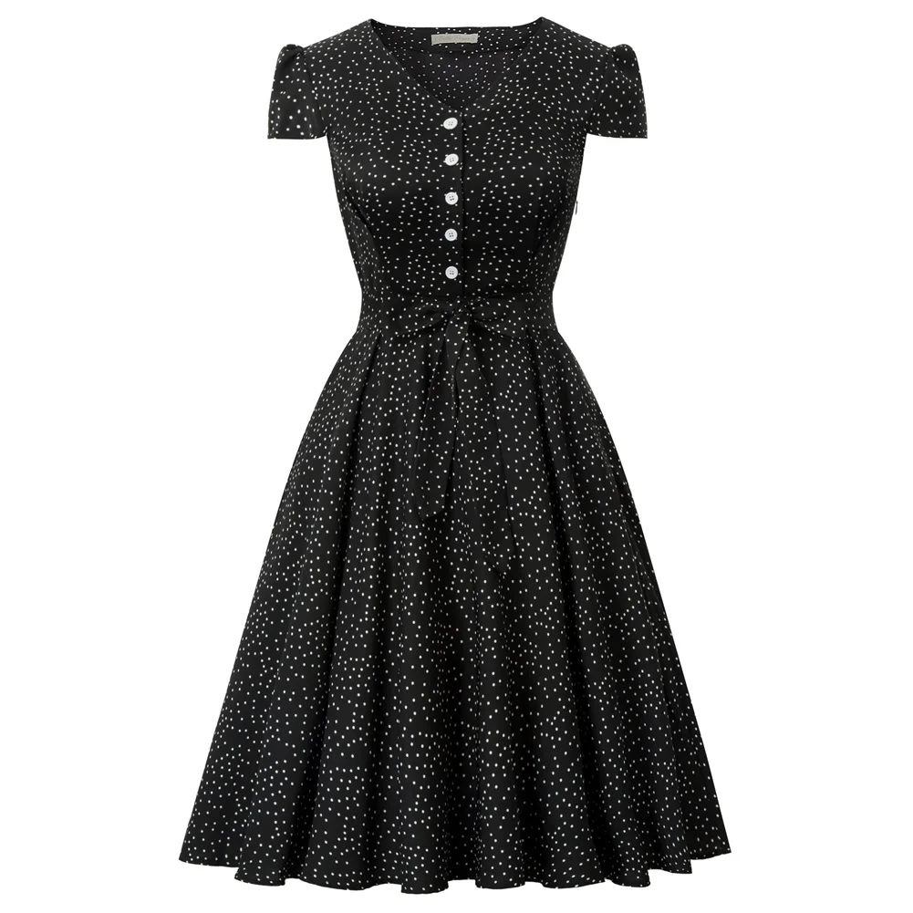 Black Belle poque, винтажное женское платье, летнее, v-образный вырез, на пуговицах, Платья для вечеринок, повседневные, корейские платья для женщин, vetidos festa - Цвет: Black