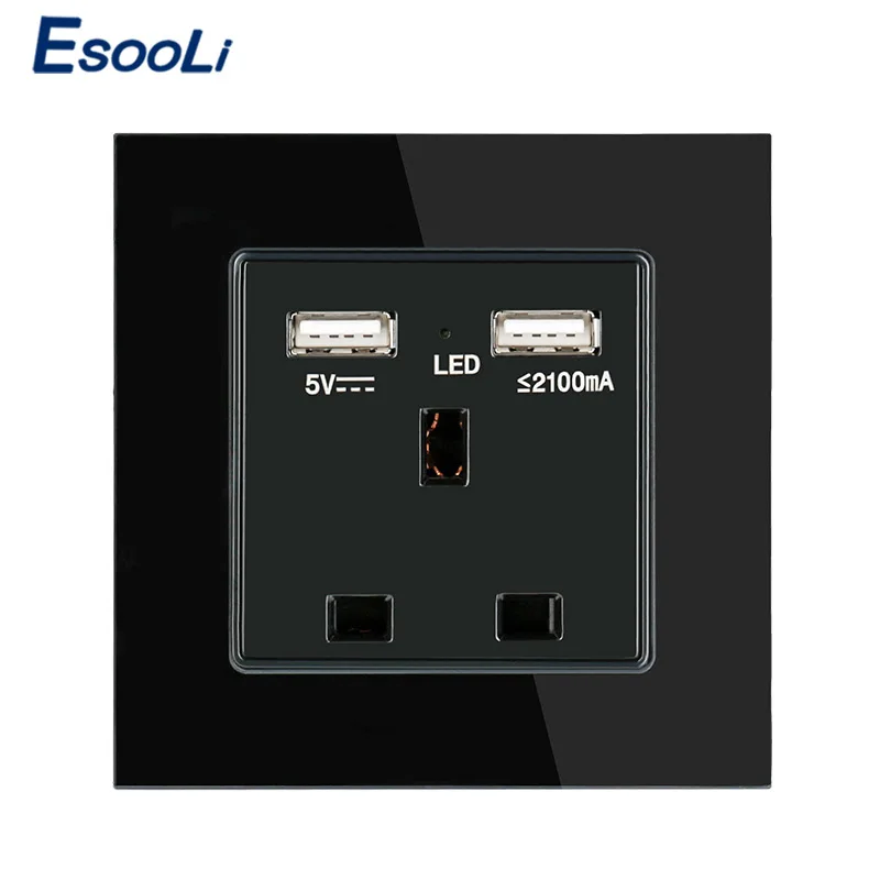 Esooli настенное гнездо питания Хрустальная стеклянная панель двойной usb зарядный порт 2.1A настенное зарядное устройство адаптер 13A Великобритания стандартная розетка 110~ 250 В