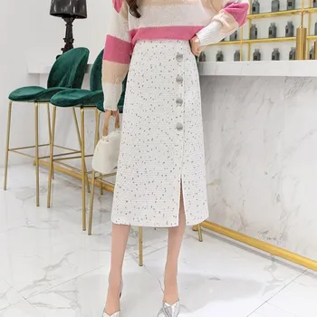 

Korean Women Calf Length Party Skirts Elegant Split Black White Tweed Skirt Empire High Waist Button Print Midi Skirts