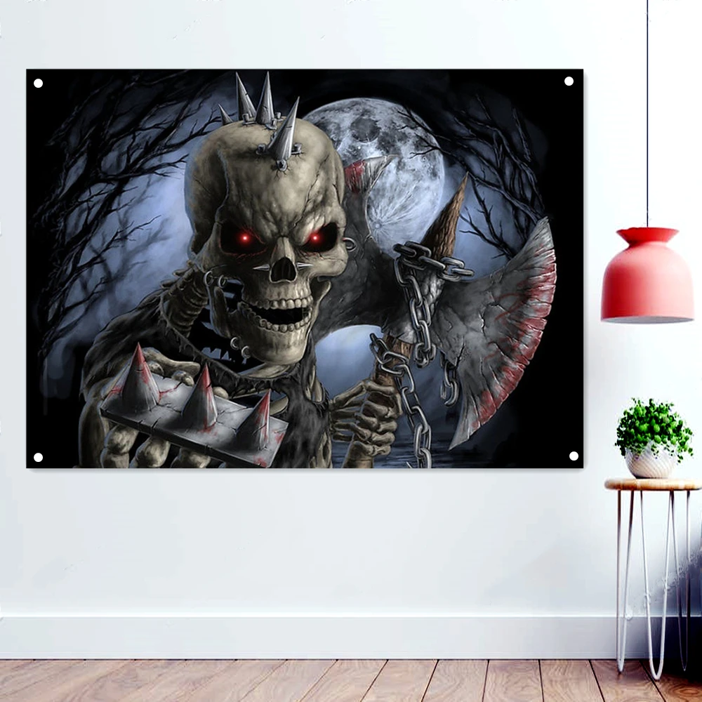 

Skeleton Demon Scary Bloody Death Art Flag Wall Hanging Chart Painting Retro Rock Band Banner Heavy Metal Music Posters Tapestry