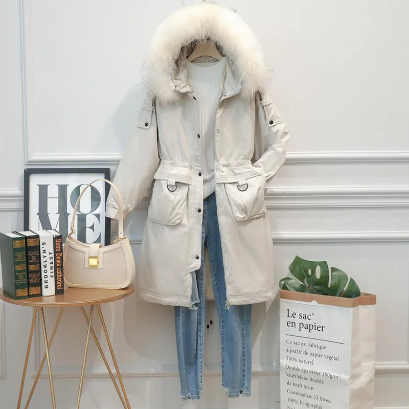 FTLZZ, пуховик с воротником из натурального меха енота, зимняя куртка, Женская белая парка на утином пуху, съемная подкладка, теплое пальто с капюшоном