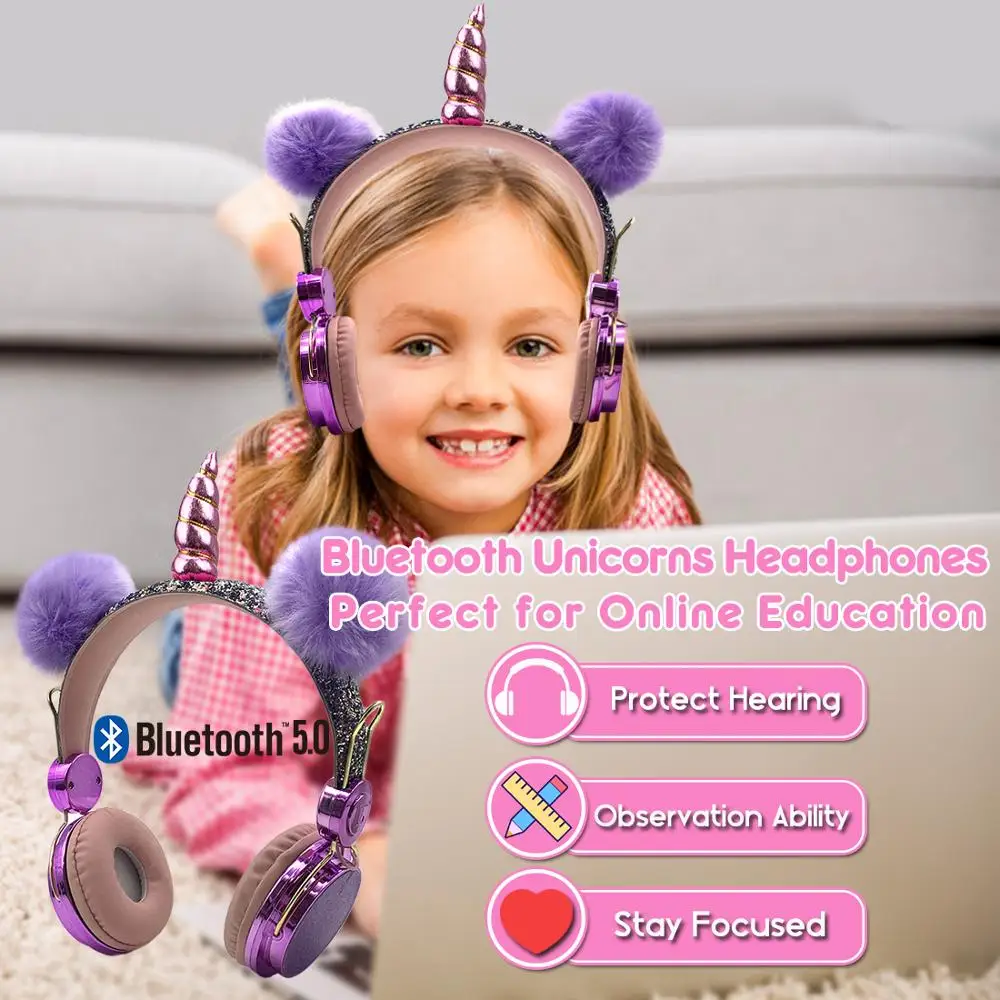 Bluetooth 5 0 Cute Unicorns kids Headphone for Computer Mobile Phone Music Stereo Earphone Gaming Headset Girls Daughters Gift