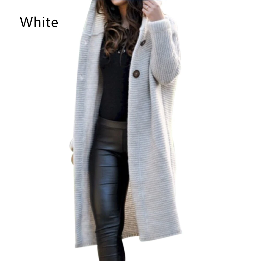 Модный женский осенний зимний Кардиган, однотонный длинный свитер с капюшоном, женские пальто, повседневные вязанные длинные свитера, трендовая уличная одежда - Цвет: Белый