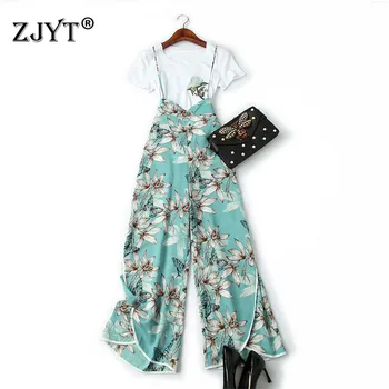 

High Street 2Piece Set Womens Pants and Top Set Summer Fashion Designers Floral Embroidery White TShirt+Print Pants Suit Sets