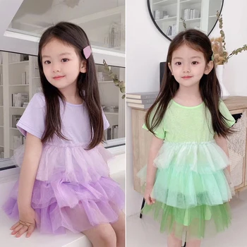 

2020 Presell April 10th summer girls dress purple green kids spliced design tutu dress
