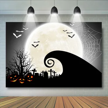 

Halloween Party Photography Background Retro Pumpkins Light Moon Children Forest Old Trees Horror Backdrops for Photo Studio