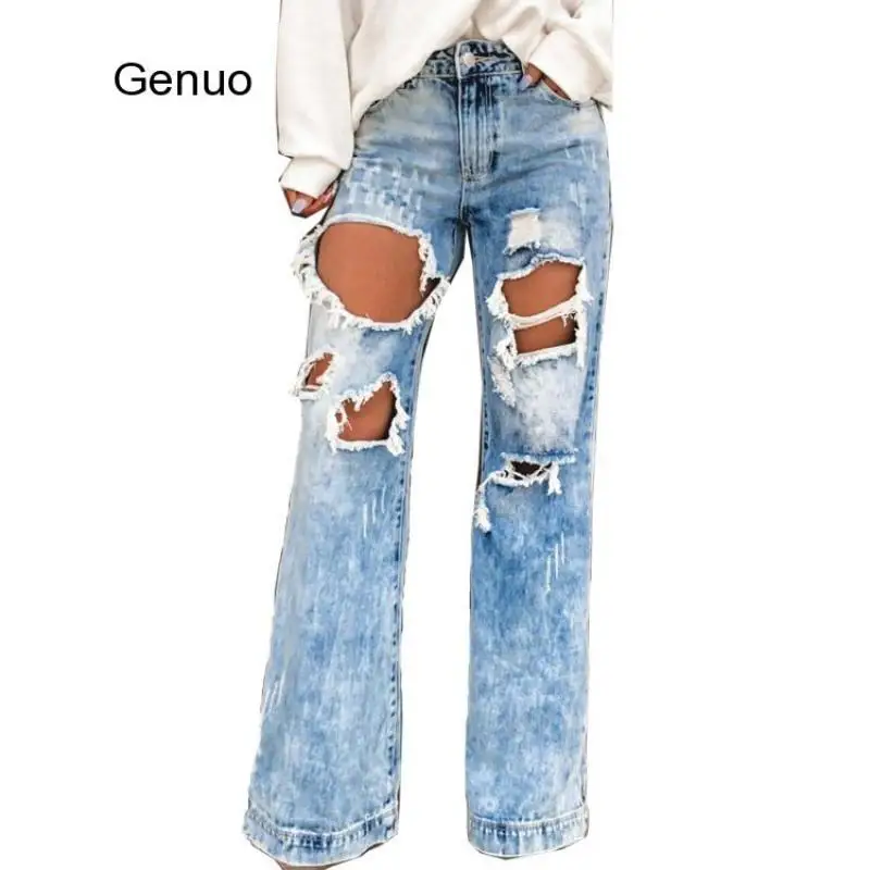 

High Wasit Jeans Trousers Women's Jeans with Holes Ripped Summer Fashion Female Denim Wide Leg Pants