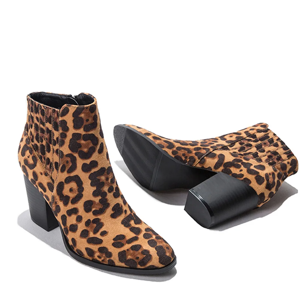 Stylish Women's Sexy Ankle Boots Winter Leopard Print Pointed Suede Chelsea Boot Fashion Female High Heel Party Casual Shoes Zip