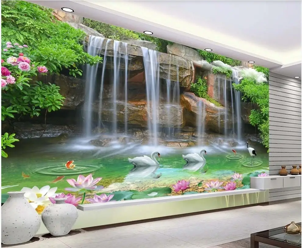 

Custom photo mural 3d wallpaper Mountain waterfall swan lake scenery home decor living room wallpapers for walls 3 d in rolls