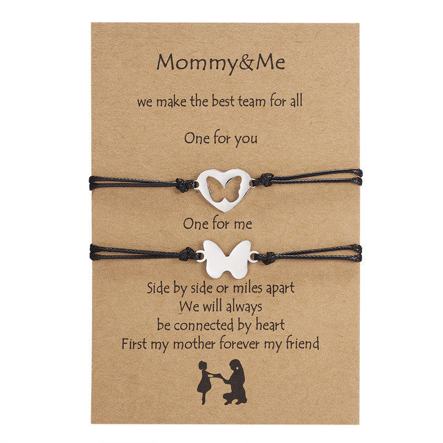 Day Bracelet 2Pairs/Set Stainless Steel Hollow Butterfly Heart Pendant Adjustable Rope Chain Bracelets For Mom