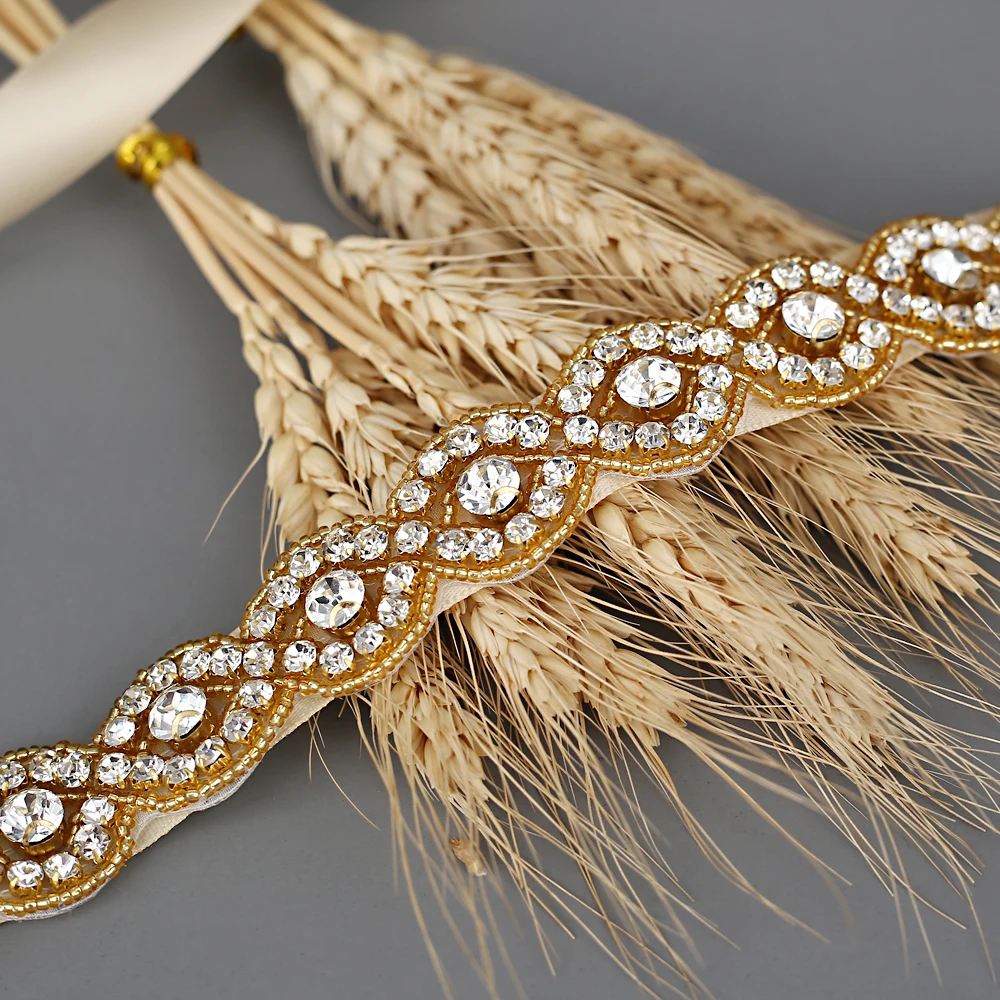 TRiXY S28-G Golden Diamond Belt Ribbon Sash with Rhinestones Belts for Formal Dress Diamond Belt Bridal Belt Bridal Wedding Sash