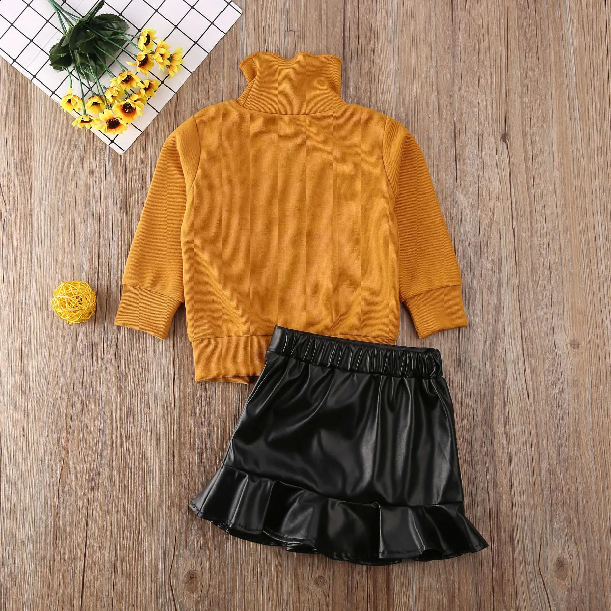 New Baby Girls Outfits Orange Clothes Toddler Kids Long Sleeve Tops+PU Leather Skirts Set