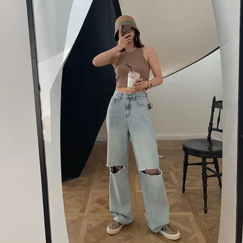 

Women's Clothing High Waist Hole Hole Loose Jeans Women 2020 New High Waist Drag Straight Tube Wear Leisure Wide Leg Pants