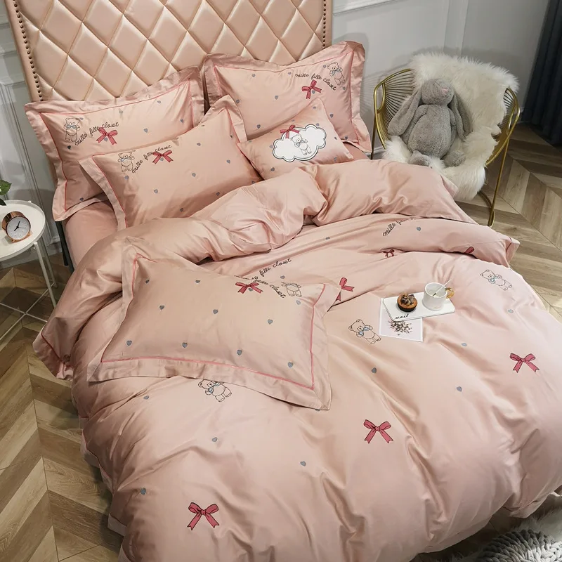 

60 Branch Lovely Girls Bed Article Pure Cotton 4pcs Bedding Set Pink Colour Quilt Cover Princess Favorite Home Textile 1-Quality